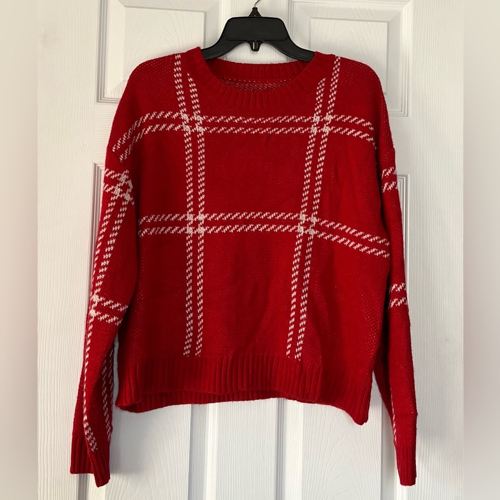 SHEIN Red and White Plaid Sweater Women’s Sz XL Cabincore Cozy